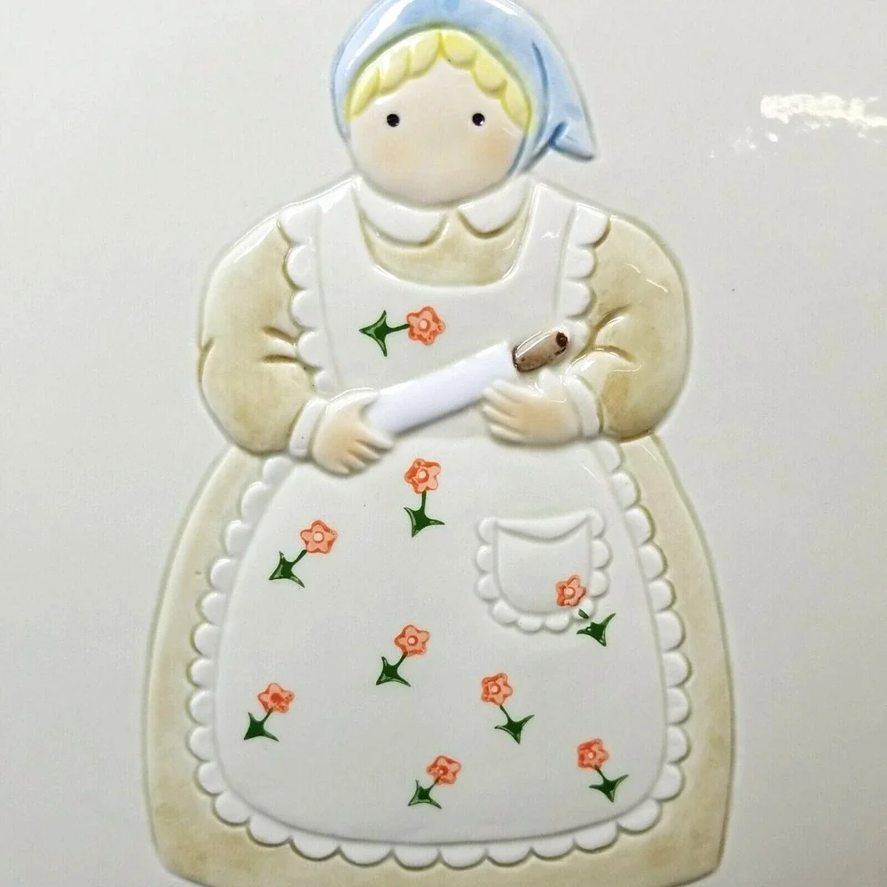 (2) Otagiri Farmhouse Lady w/ Rolling Pin Trivet Wall Art Plaque Ceramic Vintage